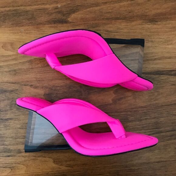 GOOD AMERICAN Neon Pink Cinderella‎ Lucite Wedge Heel Thong Scuba Womens Size 4 - Picture 10 of 13